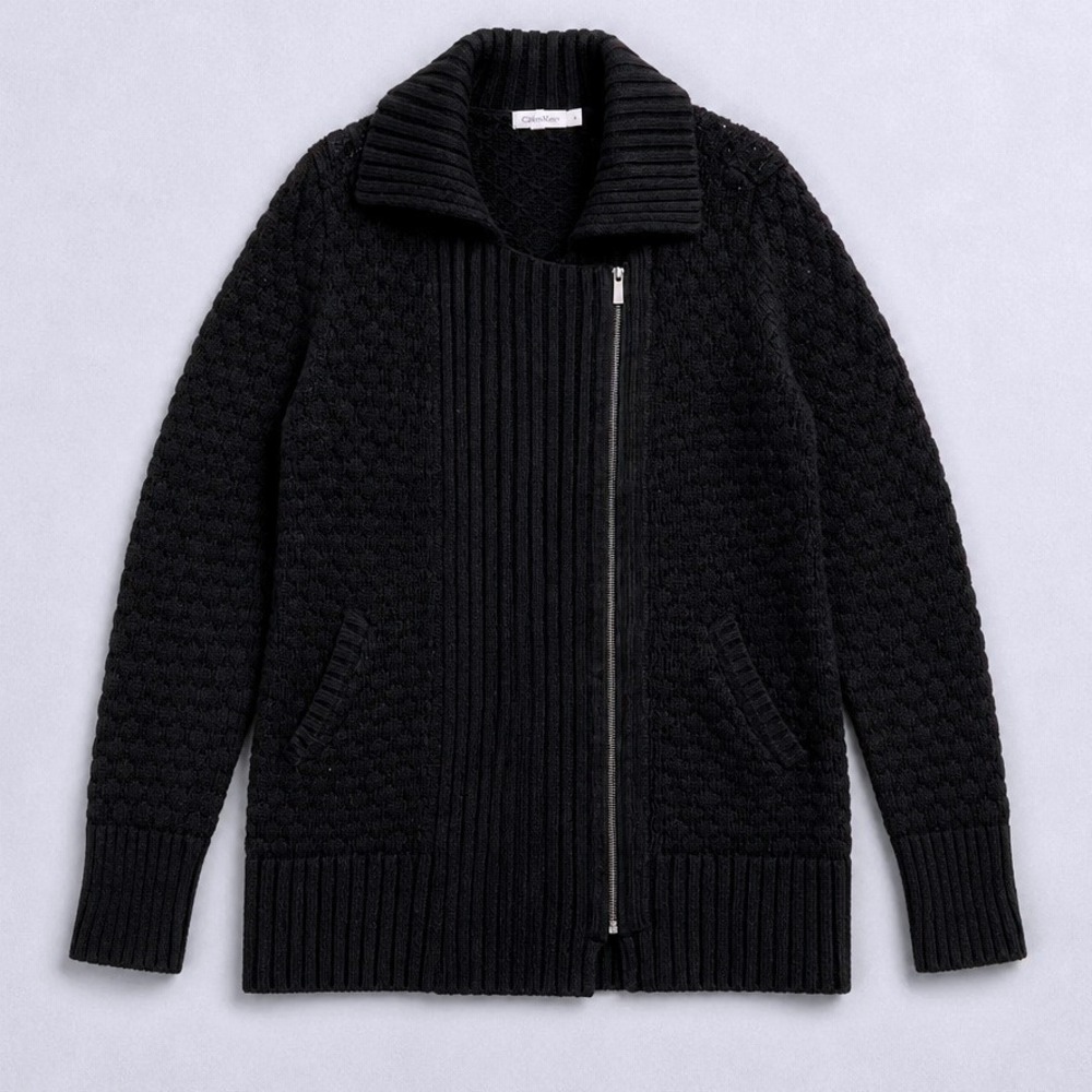 Calvin Klein Cardigan Sweater Medium Black Asymmetrical Zip Textured Knit Mens